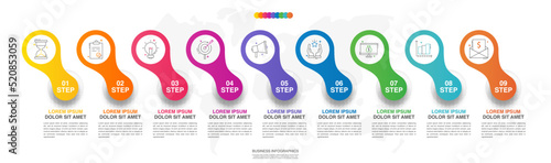 Modern 3D vector illustration. Circular infographic template with nine elements. Contains icons and text. Designed for business, presentations, web design, 9-step diagrams.