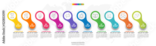 Modern 3D vector illustration. Circular infographic template with 10 elements. Contains icons and text. Designed for business, presentations, web design, ten-step diagrams.