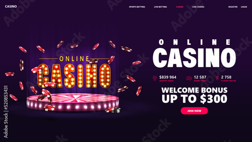 Online casino, purple invitation banner for website with button and Casino Wheel Fortune