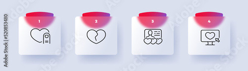 Relationships set icon. Hearts, broken, dating app, finger, like, website, computer, date, love, personal information, meet, acquaintance. Feelings concept. Glassmorphism style. Vector line icon