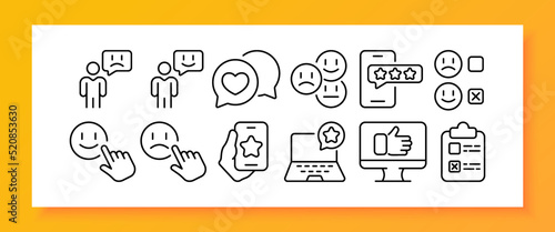 Feedback set icon. Comment, review, user, like, dislike, speech bubble, emoticon, rate the service, rating stars, thumbs up, checkbox, happy, sad. Communication concept. Vector line icon for Business
