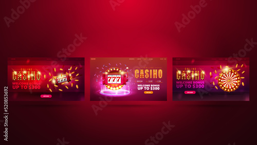 Set of red banners with Casino Wheel Fortune, Red slot machine and poker chips