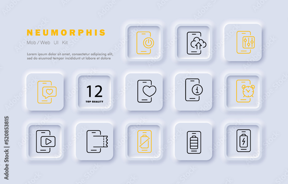 Phone apps set icon. Battery state, charge, eticket, watch video, alarm clock, communication, message, heart, control panel, settings, cloud storage. Technology concept. Neomorphism. Vector line icon Phone apps set icon. Battery state, charge, eticket, watch video, alarm clock, communication, message, heart, control panel, settings, cloud storage. Technology concept. Neomorphism. Vector line icon