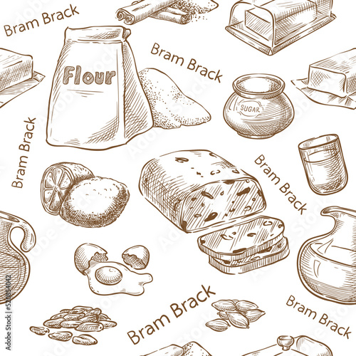 Traditional Halloween Food ingredients seamless. Barm Brack bread