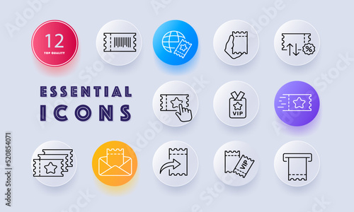 Tickets set icon. Travel, worldwide, discount coupon, star, vip place, leter, email, digital, share, print, cash register. Entertainment concept. Neomorphism style. Vector line icon for Advertising