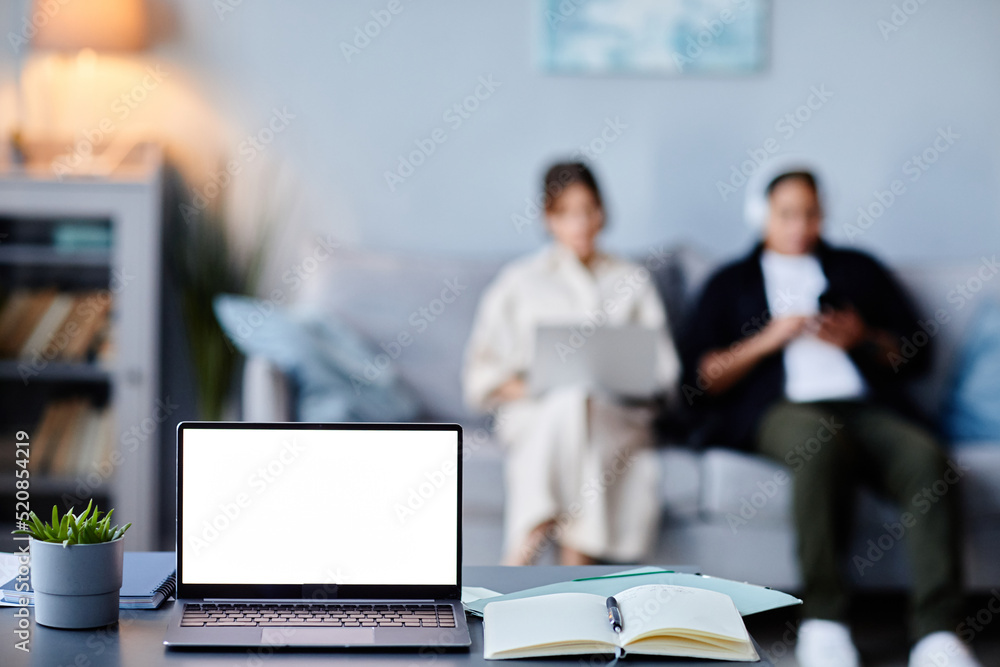 Background image of laptop with black white screen mockup in home