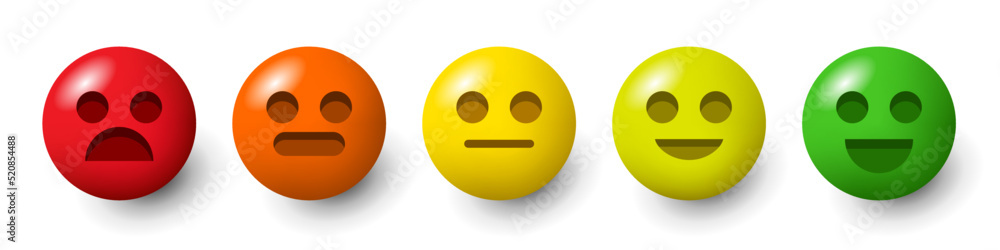 Fototapeta premium Rating scale or pain scale in the form of emoticons. From red to green smiley. 3d emoticons. Vector clipart isolated on white background.