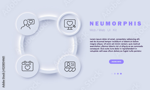 Date online set icon. Feelings, love, heart, message, computer, calendar, personal information. Long distance relationships concept. Neomorphism style. Vector line icon for Business and Advertising