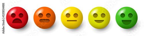 Rating scale or pain scale in the form of emoticons. From red to green smiley. 3d emoticons. Vector clipart isolated on white background.