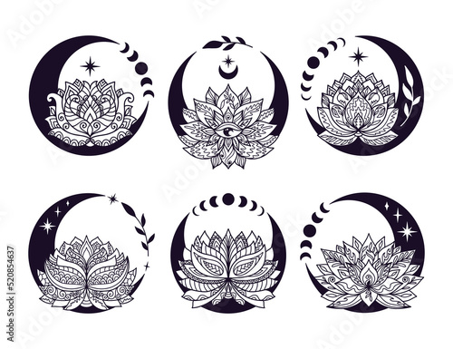 Set of crescent moon and lotus flower mystial symbol with moon phases.