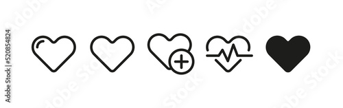 Hearts set icon. Cardiology, plus, electrocardiogram, ECG, pulse, check, heartbeat, treatment, treat, heart attack, infarct, hospital. Healthcare concept. Vector line icon for Business and Advertising