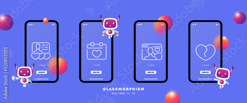 Dating website set icon. Love, hearts, feelings, personal data, calendar, broken, betrayal, online, internet. Long distance relationships concept. Glassmorphism. UI phone app screens. Vector line icon