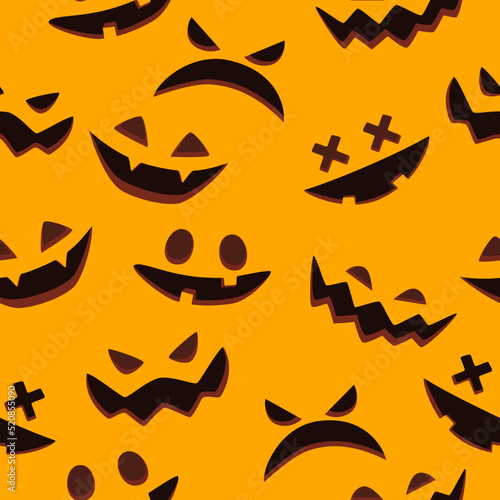 Halloween pumpkins carved faces silhouettes seamless pattern on an orange background. Scary and funny faces of Halloween pumpkin or ghost. Vector illustration © Janna7
