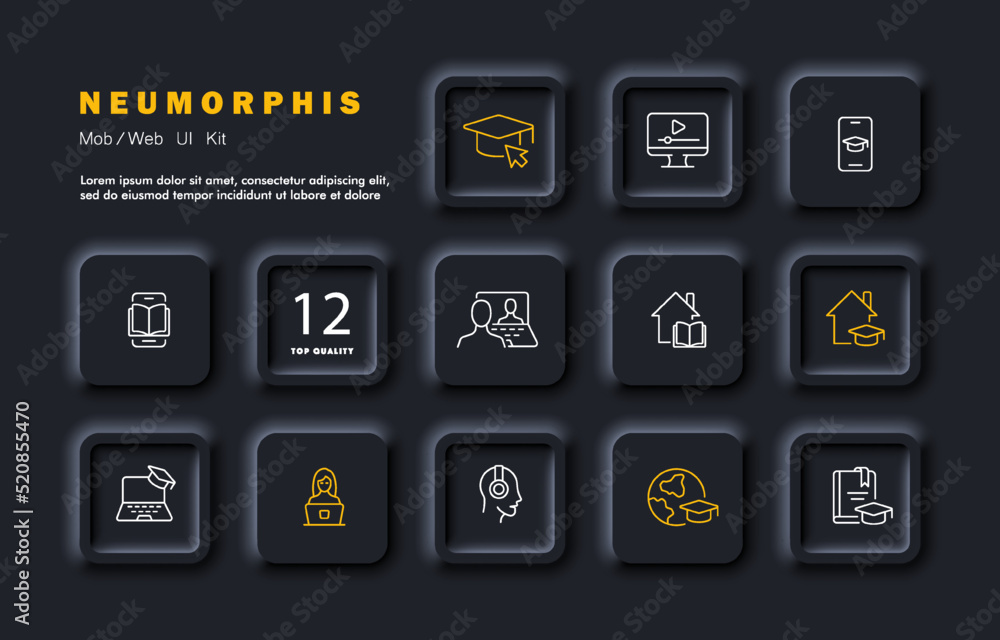 Distance learning set icon. Academic cap, computer, phone, e book, textbook, home, online, internet, laptop, headphones, student, worldwide. Education concept. Neomorphism style. Vector line icon Distance learning set icon. Academic cap, computer, phone, e book, textbook, home, online, internet, laptop, headphones, student, worldwide. Education concept. Neomorphism style. Vector line icon
