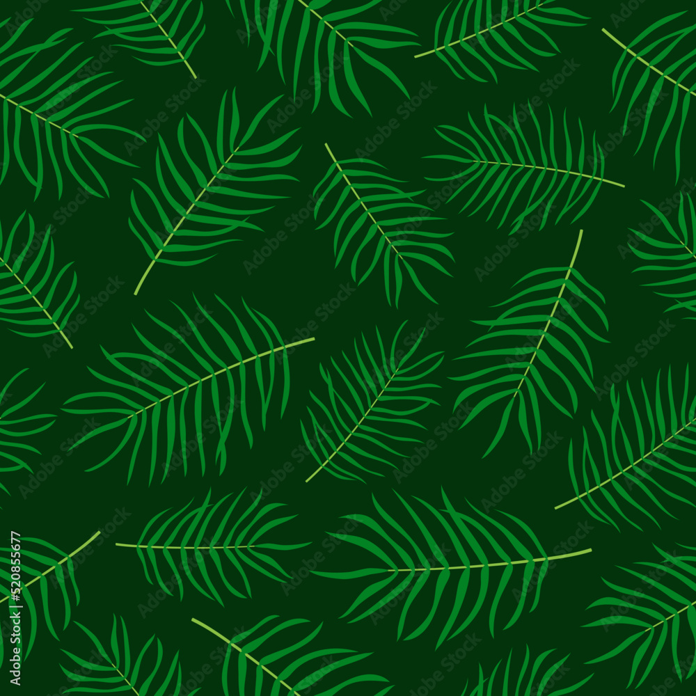 Palm leaves seamless pattern. Green plants on dark green background