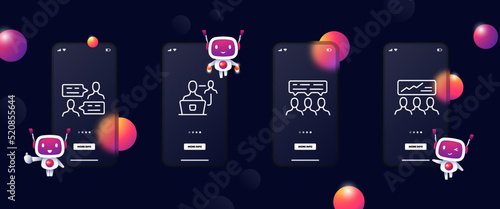 Workflow set icon. Employee, exchange information, laptop, communication, speech bubble, chart, graph, infographics, analytics. Business concept. Glassmorphism. UI phone app screens. Vector line icon