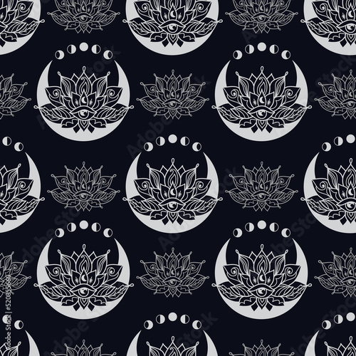 Lotus and crescent moon seamless pattern. Sacred Geometry background.