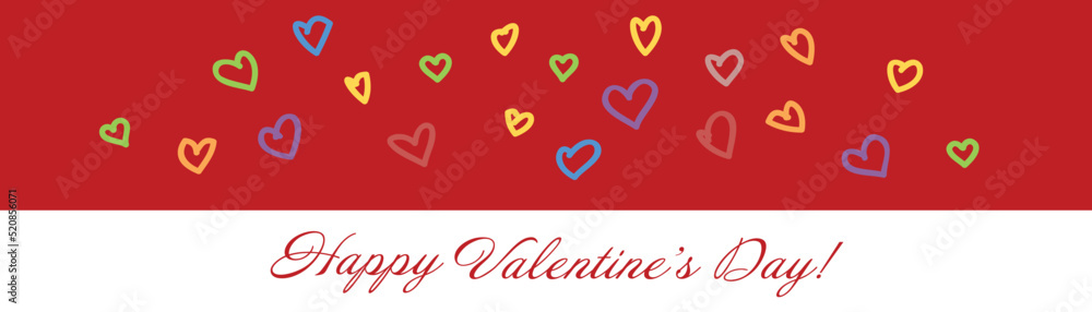 Valentines day. Cute love banner, romantic greeting card happy valentines day wishes text, red heart balloons vector concept
