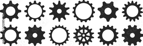 Setting icons. Single circle gears, cogwheel shape and stencil process pictogram vector set