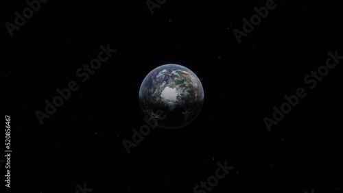 North pole, Arctic Circle, planet Earth from space. Day and night city lights. Starry background. photo