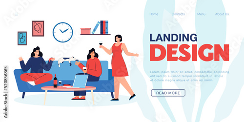 Group of young cheerful girlfriends gathering for home party. Fun celebration of female friends or neighbors sitting on couch with glasses of wine and cat flat vector illustration. Friendship concept