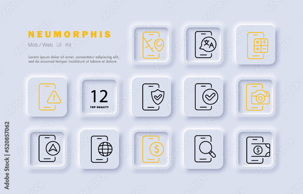 Apps of the phone set icon. Navigator, translator, calculator, security system, shield, antivirus, camera, location, internet, magnifier, banking. Technology concept. Neomorphism. Vector line icon Apps of the phone set icon. Navigator, translator, calculator, security system, shield, antivirus, camera, location, internet, magnifier, banking. Technology concept. Neomorphism. Vector line icon
