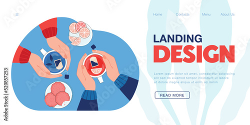 Top view of hands with cups of tea in cafe or cafeteria. People drinking herbal tea with lemon, healthy drink flat vector illustration. Beverage, morning concept for banner or landing web page