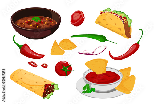 Mexican food set. Traditional tacos, burrito, nachos, chili con carne isolated on white background. Mexican cuisine, fast food. Hot chili pepper. Cartoon style. vector illustration