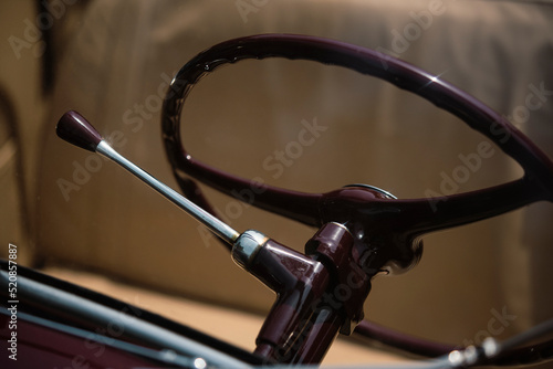 Steering wheel and lever on a vintage car