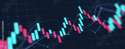 Widescreen Financial graph with abstract trend line chart in stock market on blue color background 