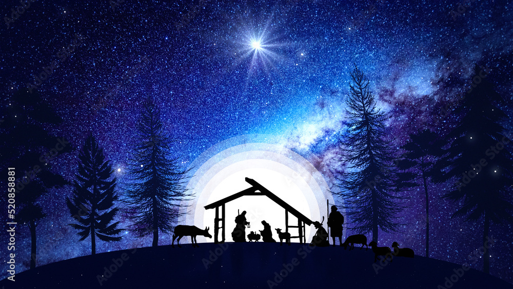 Christmas Nativity Scene animation with real animals and trees on
