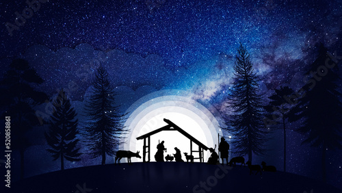 Christmas Nativity Scene animation with real animals and trees on starry sky on blue bg