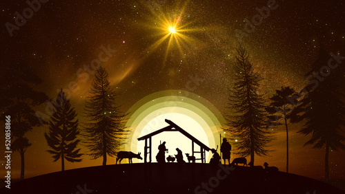 Christmas Nativity Scene animation with real animals and trees on starry sky