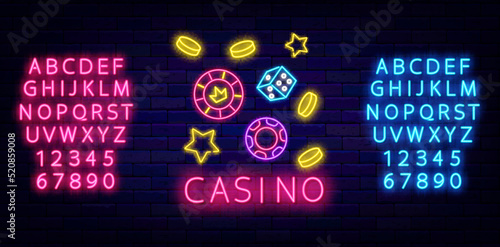 Casino neon text with falling chips and money. Shiny blue and pink alphabet. Typography sign. Vector stock illustration