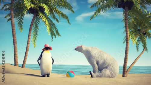 Fotografie, Obraz Polar bear and a penguin at the tropical beach