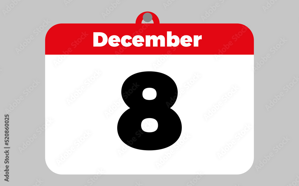 December, 8. White and red calendar. December, 8. White and red calendar.