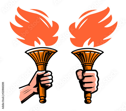 Burning torch emblem. Torch with fire flame, enlightenment symbol symbol or icon. Vector illustration isolated