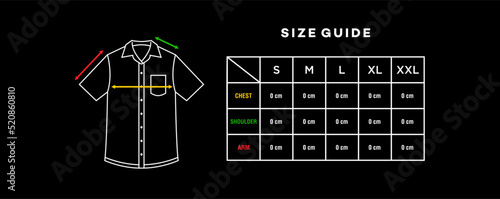 size guide vector on black background. short sleeve shirt with button and collar sizing chart table Vector illustration . shirt Size Guide infographic For Men.