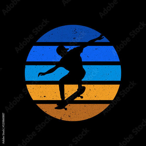 Retro Vintage silhouette skateboard doing freestyle stepping. Vector illustration
