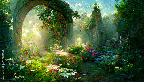 Fototapeta Naklejka Na Ścianę i Meble -  A beautiful secret fairytale garden with flower arches and colorful greenery. Digital Painting Background, Illustration