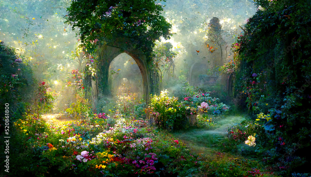 Naklejka premium A beautiful secret fairytale garden with flower arches and colorful greenery. Digital Painting Background, Illustration