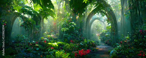 Foto A beautiful enchanted forest with big fairytale trees and great vegetation