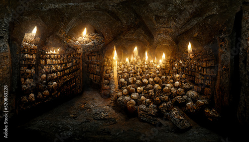 Environment with medieval catacombs with covered floors, with torches inside the cave. photo