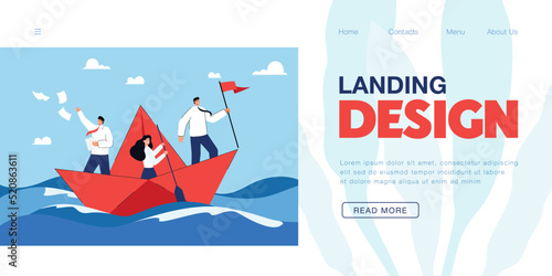 Happy businessmen and businesswoman sailing on paper boat. Cartoon business team in ocean or sea, leader with flag flat vector illustration. Cooperation or teamwork, goal, strategy, success concept