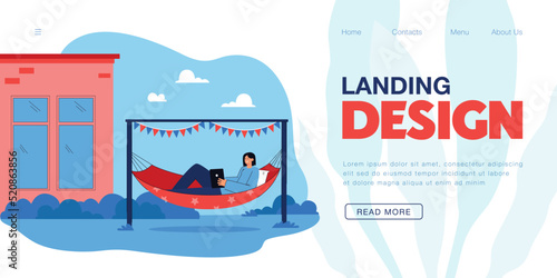 Girl reading paper book in hammock on home backyard or garden. Calm leisure and relax of happy young woman lying in hammock outdoors flat vector illustration. Vacation, weekend, lifestyle concept