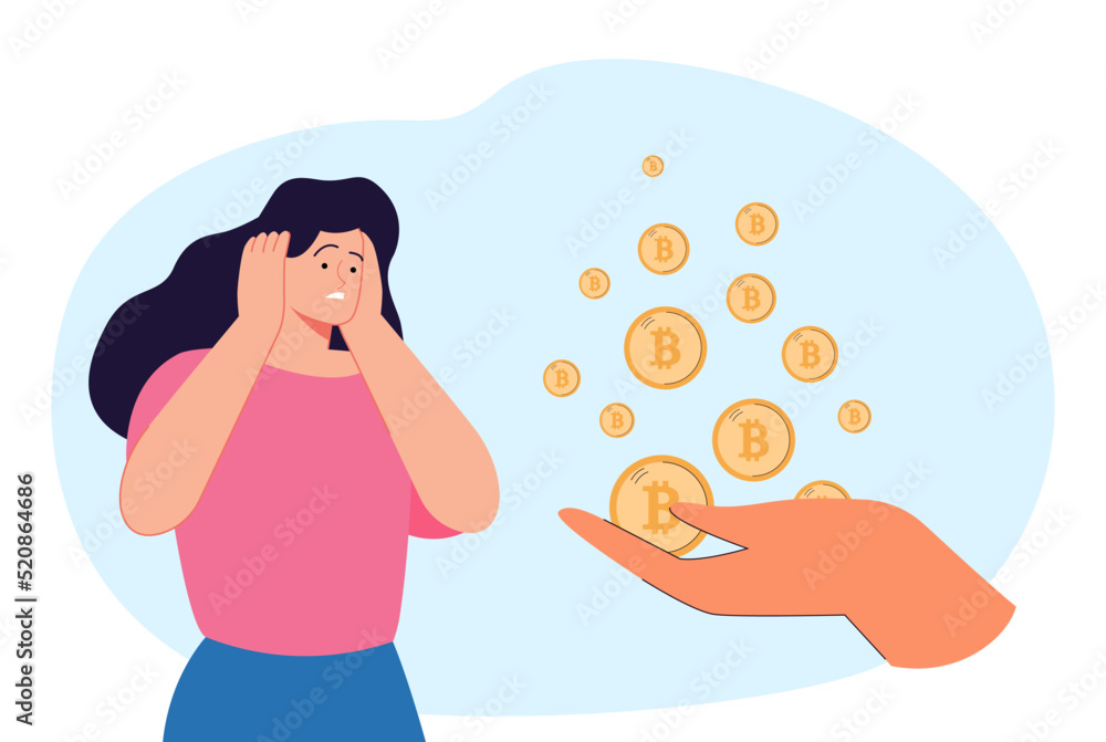 Huge hand giving gold coins with crypto currency symbol to woman. Investing in virtual currency flat vector illustration. Cryptocurrency, finances, economy concept for banner or landing web page Huge hand giving gold coins with crypto currency symbol to woman. Investing in virtual currency flat vector illustration. Cryptocurrency, finances, economy concept for banner or landing web page