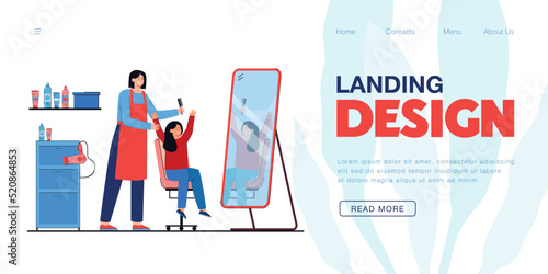 Girl looking in mirror after getting haircut in hair salon. Children hairdresser with comb standing behind child flat vector illustration. Beauty concept for banner, website design or landing page