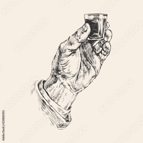Male Hand Holding a Shot of Alcohol Drink. Hand Drawing Vector