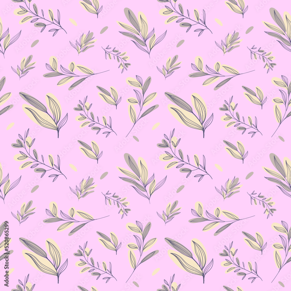 Fototapeta premium Seamless pattern with a collection of botanical leaves in delicate colors. linear leaves flat illustration. Abstract plant art design for print, cover, wallpaper, minimal and natural background art