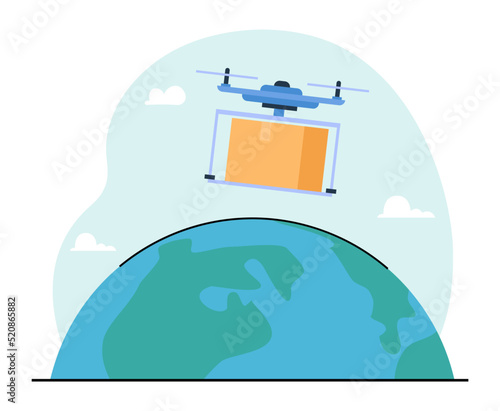 Drone delivering parcels around world flat vector illustration. Remotely piloted aircrafts shipping worldwide. Transportation, global logistic concept for banner, website design or landing web page